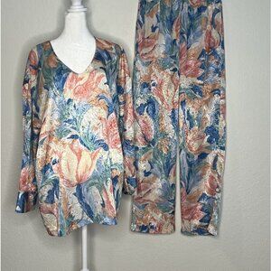 VTG Mary McFadden 2 Pc. Pajama Set Sz S Polyester (satin) Made USA Floral Pastel